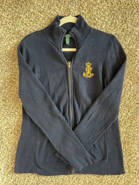 Lauren Ralph Lauren Sweaters - Lauren Ralph Lauren Navy Knit Cardigan with Gold Crest & Gold Zipper size XL